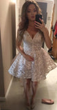 Cute Spaghetti Straps High Low V Neck Pearl Pink Lace Appliques Homecoming Dresses