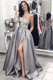 Ball Gown One Shoulder Long Sleeves Grey Satin Split White Lace Long Prom Dresses With Pockets Prom