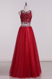 Prom Dress A Line Scoop Floor-Length Two-Piece Tulle Zipper
