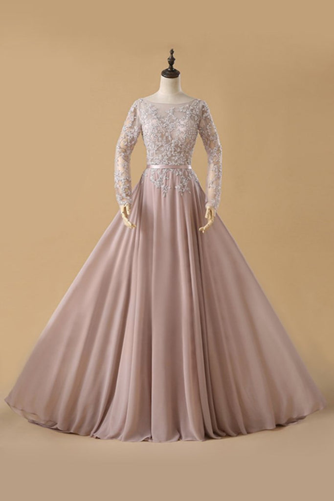 A Line Chiffon Prom Dresses Bateau Long Sleeves With Beads And Applique
