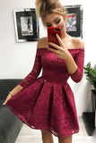 Cute Off the Shoulder Long Sleeves Burgundy Lace Homecoming Dresses Sweet 16 Dresses STB14972