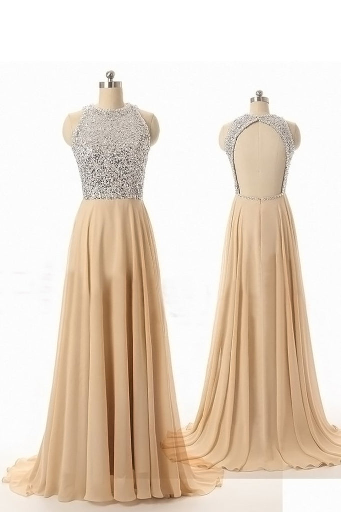 Sequined Bodice Scoop A Line Prom Dresses