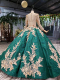 Ball Gown Long Sleeve Satin Beads Prom Dresses, Quinceanera Dresses with Appliques STB15059