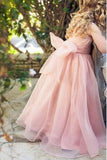Cute Pink Tulle Flower Girl Dresses with Sash Floor Length, Round Neck Child Dresses STB15575