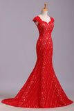 Elegant Red Sweetheart Mermaid Lace Cap Sleeve Open Back Prom Dress Party Dresses