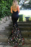 Mermaid V-Neck Court Train Black Stretch Satin Spaghetti Straps Prom Dress with Appliques