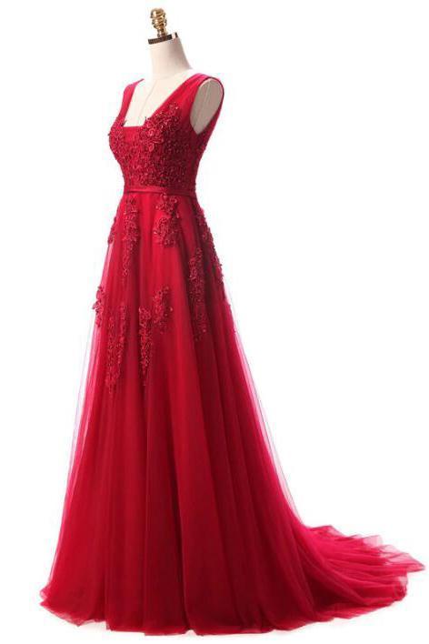 Elegant A Line Tulle Lace Appliques V Neck Backless Beads Red Long Prom Dresses