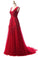 Elegant A Line Tulle Lace Appliques V Neck Backless Beads Red Long Prom Dresses