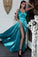Sexy A Line Split Turquoise V-Neck Green Satin Prom Dresses with High Slit