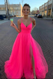 Modest Tulle V Neck Spaghetti Straps Pink Long Prom Dresses with STB20428