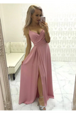 Simple Satin Evening Gown Spaghetti Straps Prom Dress With Pleats And High STBPMRMS38T
