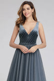 A-Line V-Neck Sleeveless Blue Floor-length Evening Dress Cheap Prom Dresses STB15055