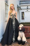 Mermaid V Neck Gold and Black Long Prom Dresses With Appliques, Formal Gowns STB15267