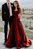 Elegant A Line Red Spaghetti Straps Satin Prom Dresses with Pockets, Evening STB15638