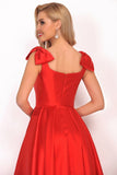 V-Neck Bubble Shoulder A-Line Satin Evening Dress