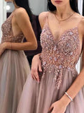 Gorgeous A-Line Spaghetti Straps V Neck Blush Tulle Prom Dresses, Cheap Evening Dresses STB15235