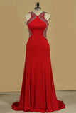 V Neck Open Back Sheath Spandex Prom Dresses With Beads Sweep