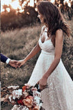 Rustic A Line Lace Backless Spaghetti Straps Wedding Dresses, V Neck Bridal Dress STB15591