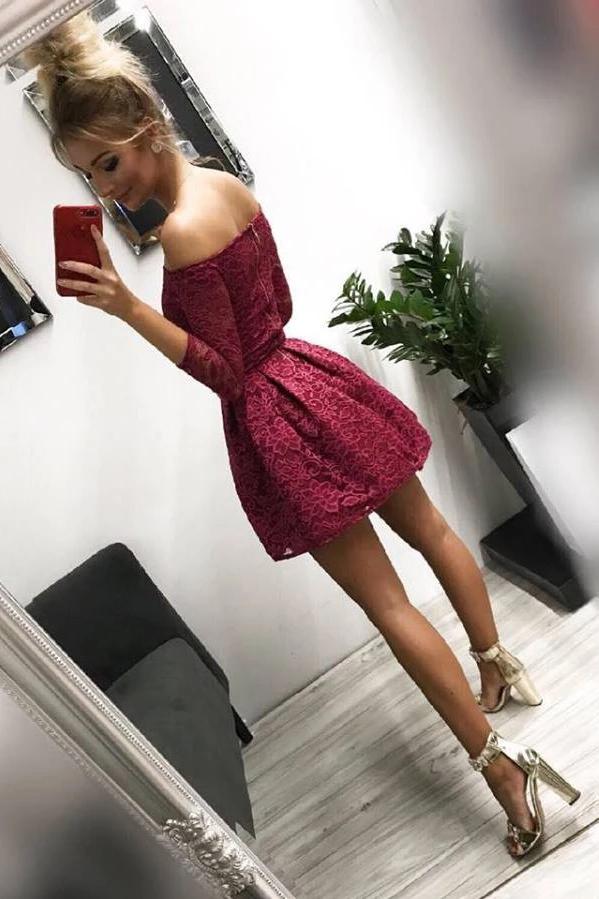 Cute Off the Shoulder Long Sleeves Burgundy Lace Homecoming Dresses Sweet 16 Dresses STB14972