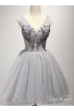 V Neck Tulle Appliqued Homecoming Dresses Sweetheart Beaded Shape Short Prom
