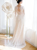 Unique V Neck Lace-up Mermaid Back Bridal Dresses Ivory Lace Trumpet Sleeve Wedding Dresses STB15469