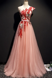 A Line One Shoulder Tulle Red Applique Long Prom Dress Evening