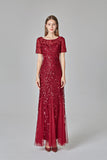 Elegant Mermaid Burgundy Tulle Prom Dresses Round Neck Long Evening Dresses STB15176