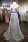 A Line Tulle Beads 3D Flowers Round Neck Long Prom Dresses With