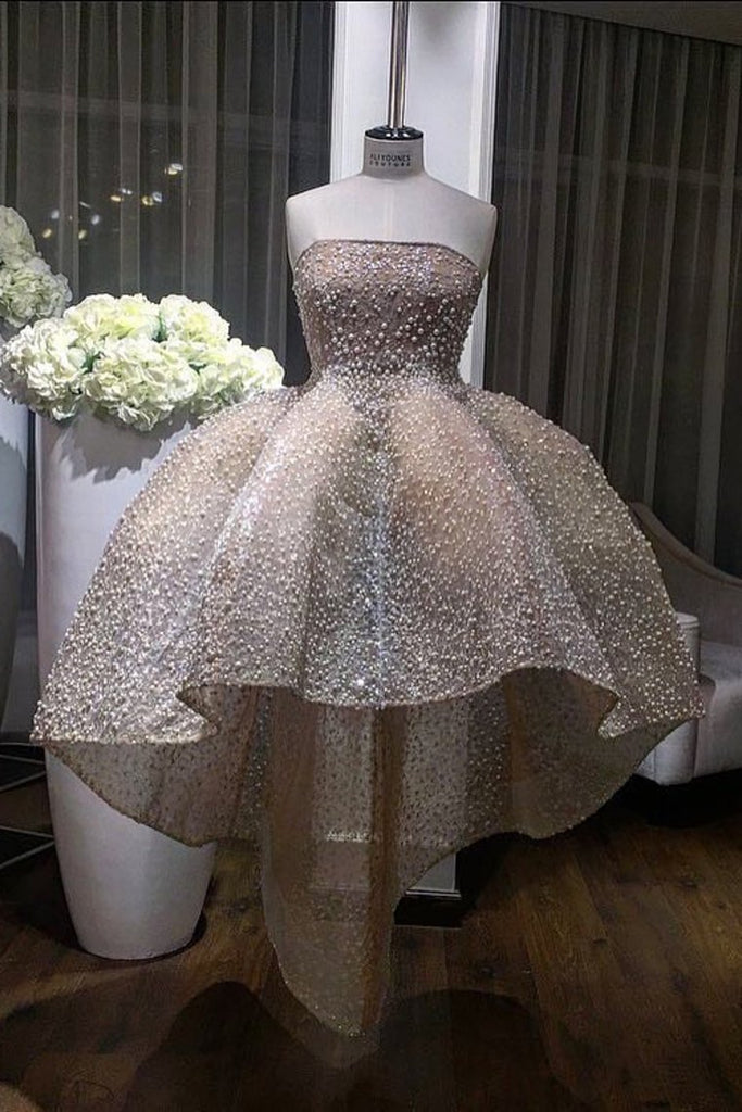 Strapless Lace Ball Gown Prom Dresses With