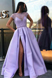 Lilac Long Prom Dresses With Slit Beaded See Through Cap Sleeve Prom