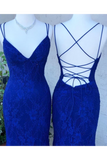 Spaghetti Crossed Straps Royal Blue Mermaid Prom Dresses V Neck Lace Formal
