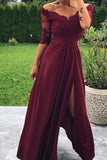 Modest Off the Shoulder Burgundy Bridesmaid Dresses with Slit, Prom STB15655