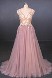 V Neck Sleeveless Tulle Prom Dress With Appliques, A Line Tulle Evening