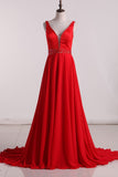 A Line V Neck Prom Dresses Chiffon With Beading Sweep