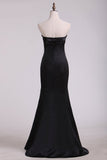 Black Satin Floor Length Evening Dresses Strapless With Bow Knot