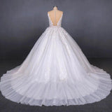 Princess Ball Gown Sheer Neck White Wedding Dresses Lace Appliqued Bridal Dresses STB15293