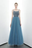 A-Line Spaghetti Straps Lace Up Back Beading Tulle Long Prom