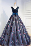 Beautiful Prom Dresses Ball Gown V Neck Lace Beading Bowknot Tulle Evening