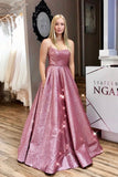 Unique A line Pink Sequins Spaghetti Straps Prom Dresses, Evening STB20450