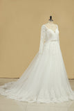 A Line Long Sleeves Wedding Dresses Tulle With Applique And Sash Sweep Train