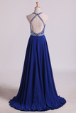 A Line Prom Dresses Halter Beaded Bodice Open Back Sweep Train Chiffon & Tulle