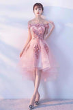 Pink Lace Tulle Short Prom Dress Off-the-Shoulder Appliques Lace up Homecoming Dresses STBPST13190