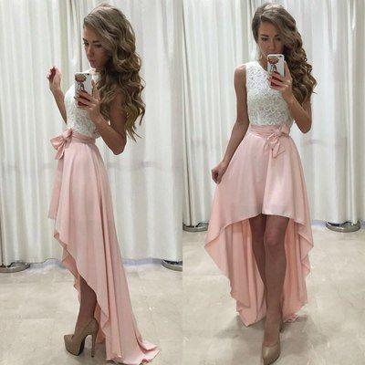 New Arrival Sexy Unique High Low Sleeveless Pink White Chiffon Scoop Prom Dresses