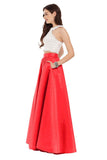 Two Pieces Prom Dresses Satin With Applique Floor