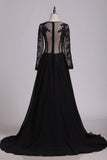 Prom Dresses Scoop Long Sleeves Chiffon With Applique And Slit