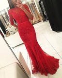 Graceful Red Beaded Lace Long Half Sleeve Backless Floor Length Mermaid prom Dresses