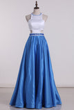 Bicolor Scoop A Line Prom Dresses Satin With Beading Sweep