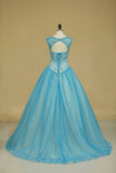 New Arrival Bateau Beaded Bodice Ball Gown Quinceanera Dresses Tulle Court Train