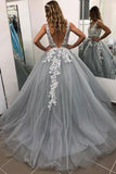 Prom Dress Tulle A-Line V-Neck Sweep Train With