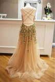 Criss Cross Back Appliqued Tulle Prom Dress With